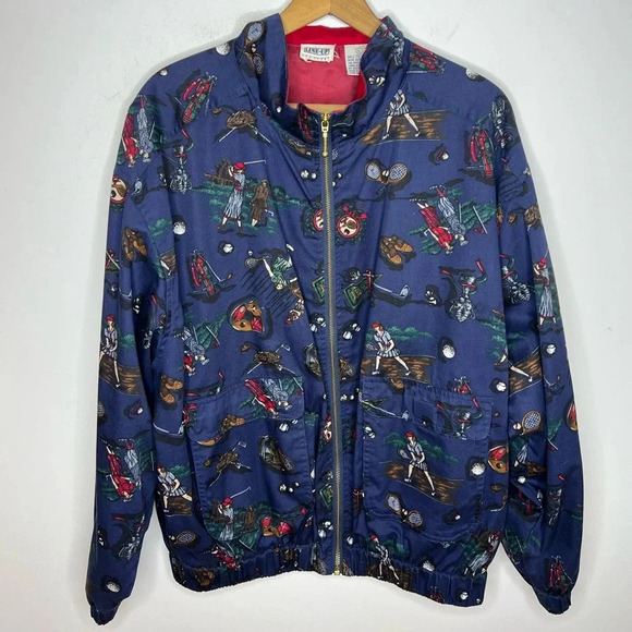 Vintage 80s Novelty Print Golf Tennis Crewneck Zip Up Boxy Bomber Jacket - Picture 3 of 14